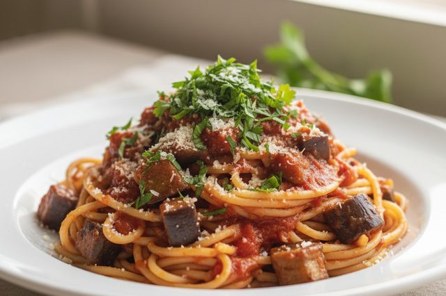 Macarrão com berinjela e molho de tomate