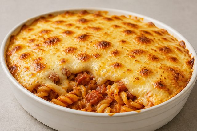 Macarrão com calabresa coberto com creme de batata gratinado