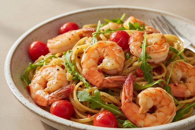 Macarrão com camarão tomate e rúcula