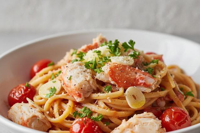Macarrão com centolla e tomate-cereja