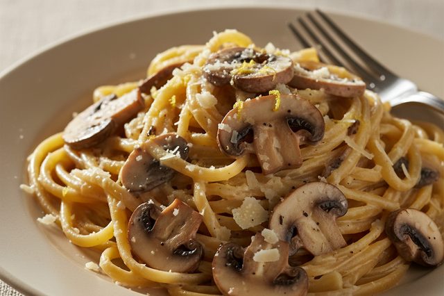 Macarrão com cogumelos e creme de leite fresco