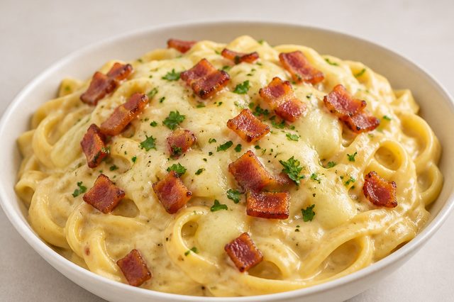 Macarrão com creme de batata requeijão e bacon
