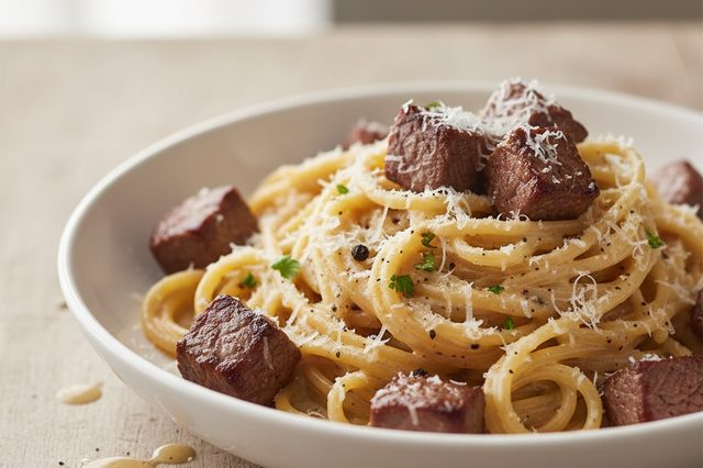 Macarrão com filé-mignon e creme de parmesão