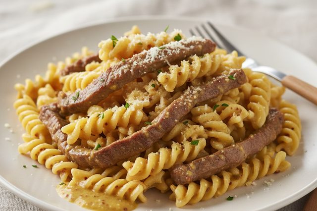 Macarrão com filé mignon e molho de mostarda