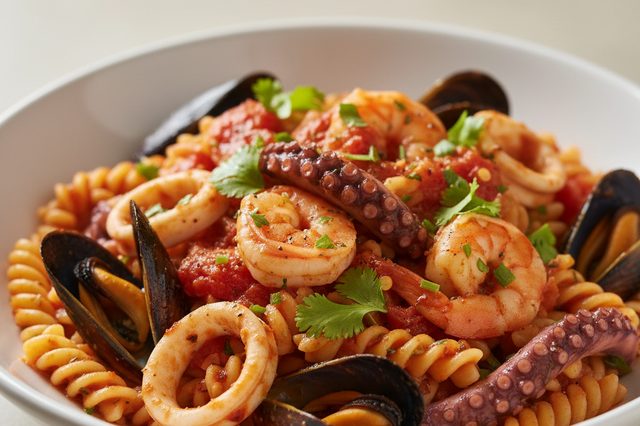 Macarrão com frutos do mar ao molho de tomate