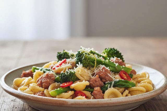 Macarrão com linguiça e brócolis