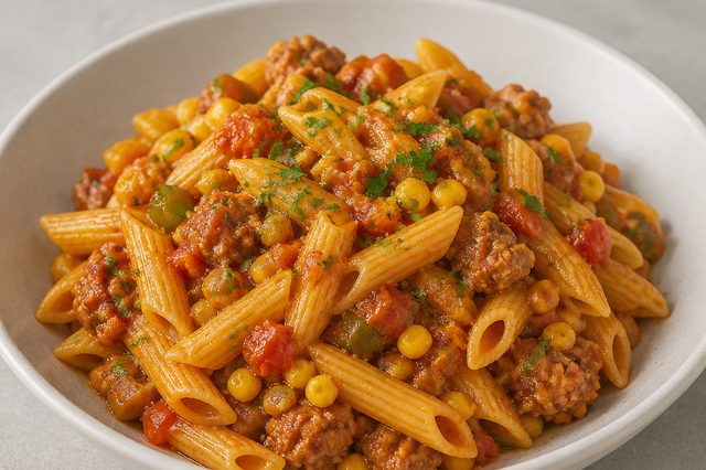 Macarrão com linguiça toscana, milho e molho de tomate