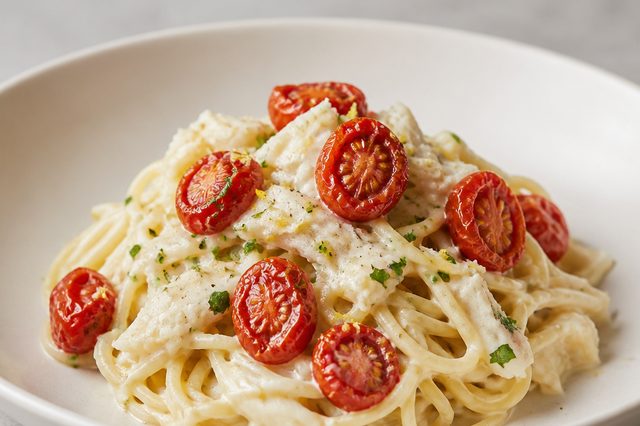Macarrão cremoso com bacalhau e tomates assados