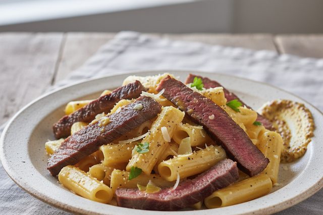 Macarrão cremoso com filé mignon e mostarda