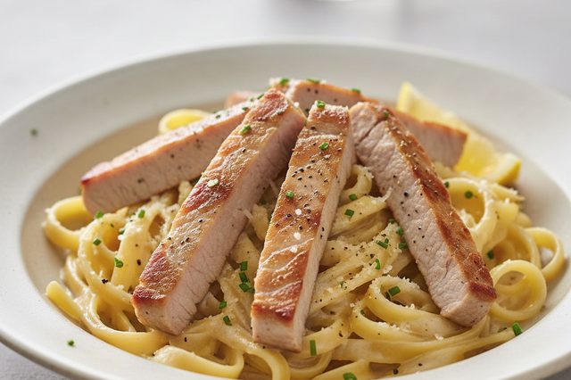 Macarrão cremoso com filé suíno e saquê
