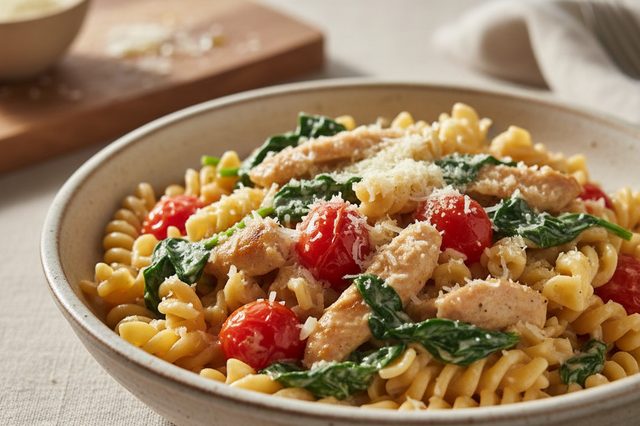 Macarrão cremoso com frango tomate e espinafre