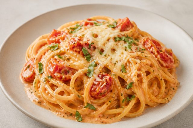 Macarrão cremoso com tomates assados e alho