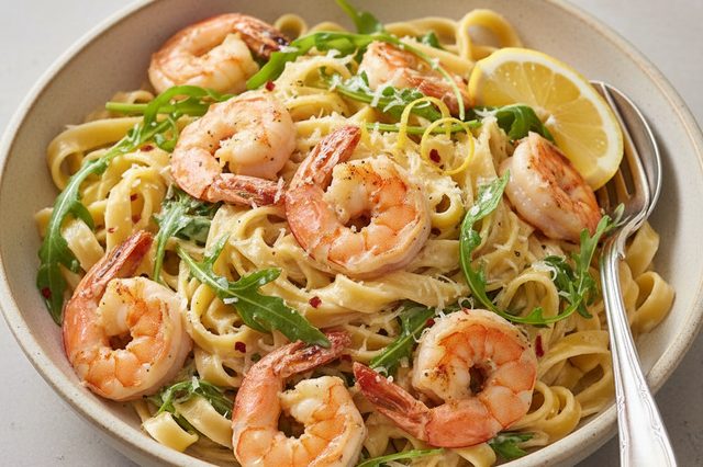 Macarrão cremoso de camarão com rúcula e limão