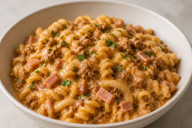 Macarrão cremoso de pressão com carne e apresuntado