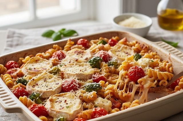 Macarrão de forno com brie tomate e brócolis