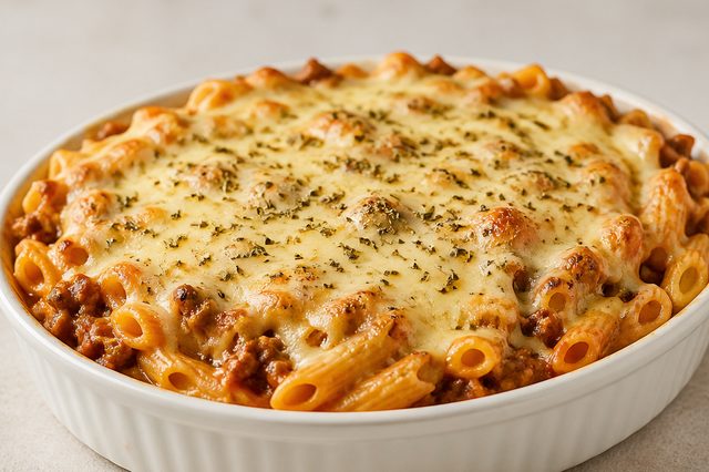 Macarrão de forno com carne moída e muçarela