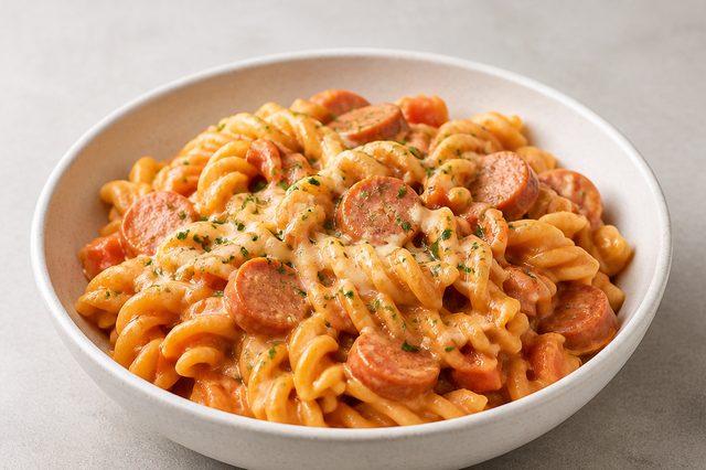 Macarrão de uma panela com salsicha e molho cremoso