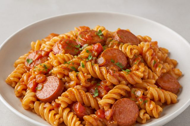 Macarrão rápido com calabresa e molho de tomate