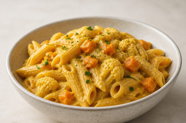 Macarrão vegano cremoso com legumes assados