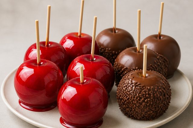 Maçãs do amor com caramelo vermelho ou chocolate