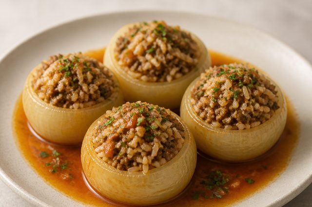 Mahshi basal: cebolas recheadas com arroz e carne