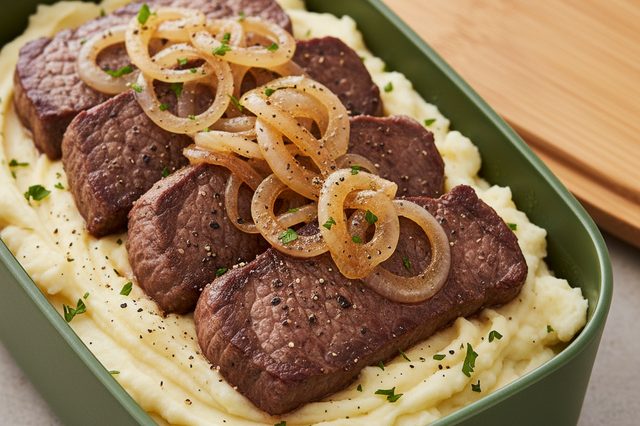 Marmita de Bife Acebolado com Purê de Batata