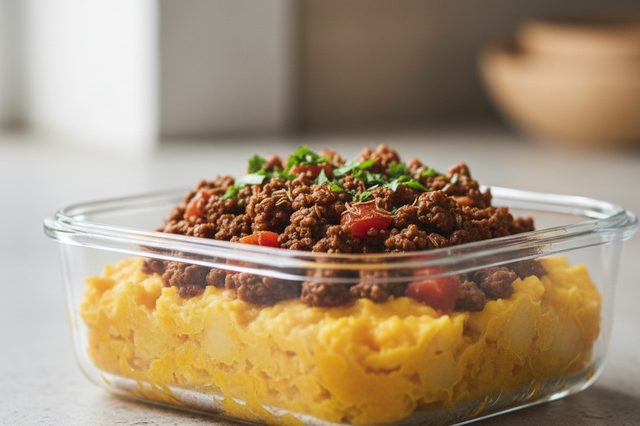 Marmita de Carne Moída com Purê de Abóbora