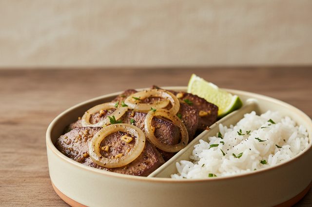 Marmita de Fígado Acebolado com Arroz