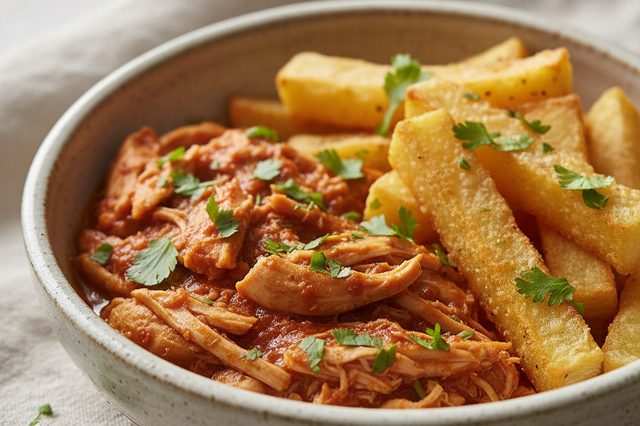 Marmita de Frango Desfiado com Mandioca Frita