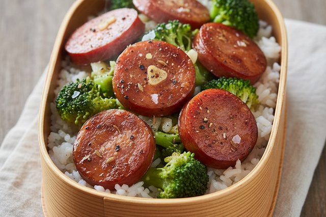 Marmita de Linguiça com Arroz e Brócolis