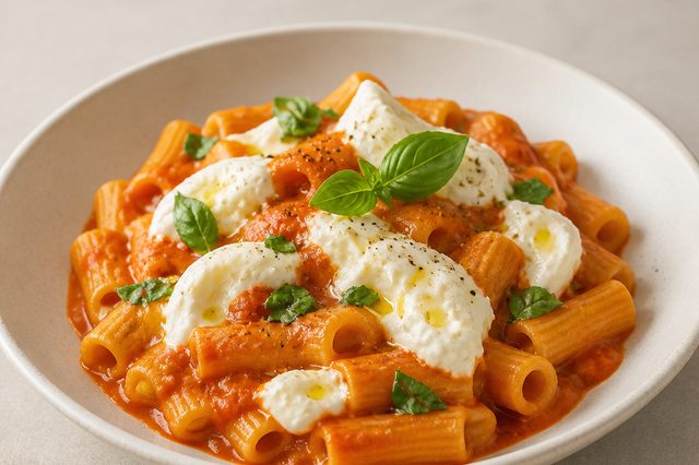 Massa com molho de tomates assados e burrata