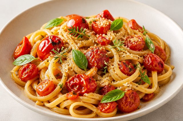 Massa com tomate-cereja assado e tomilho