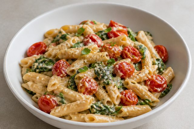 Massa cremosa assada com tomate e espinafre