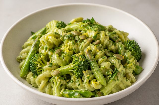 Massa verde com molho de ervilha e tofu