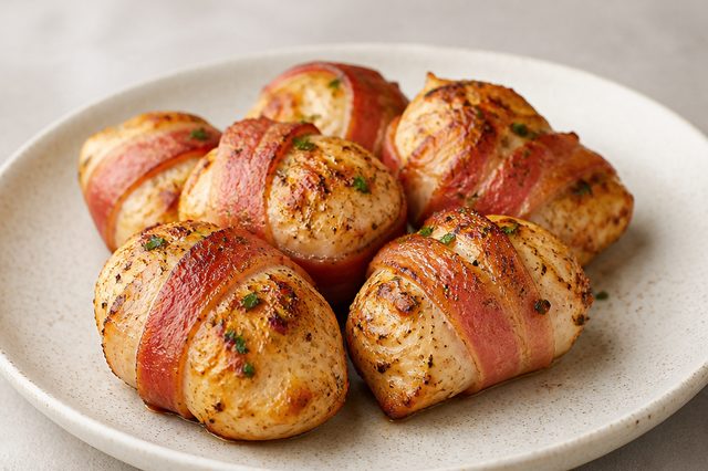 Medalhões de frango envoltos em bacon na air fryer