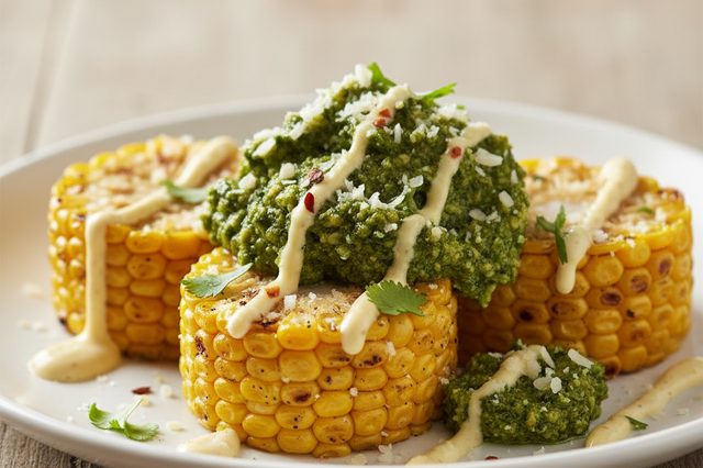 Milho grelhado com pesto e molho cremoso