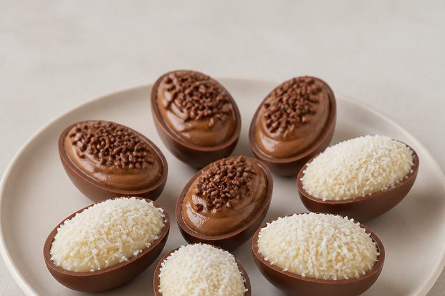 Miniovos de chocolate com recheios de coco e avelã