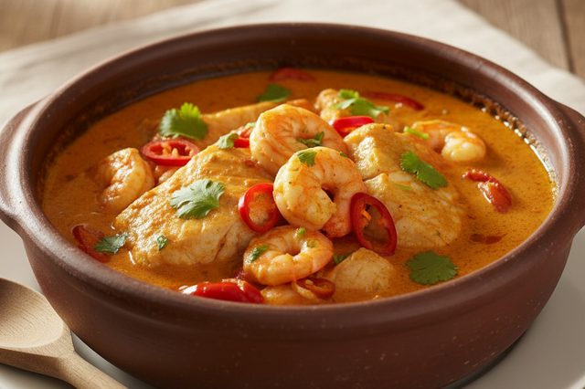 Moqueca de badejo e camarão com dendê