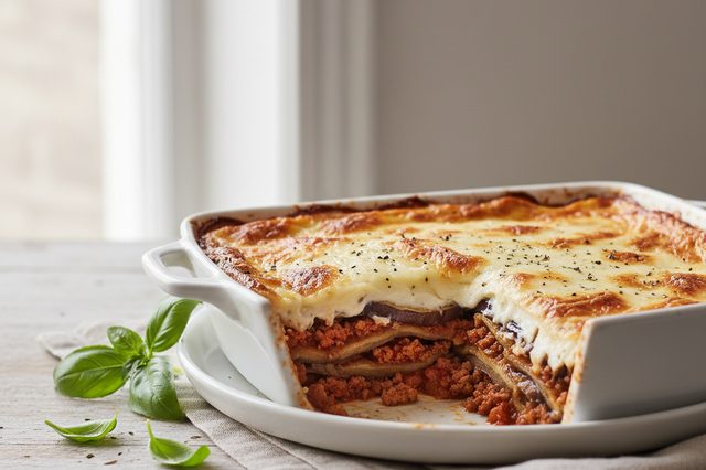 Moussaka de berinjela com carne e molho branco