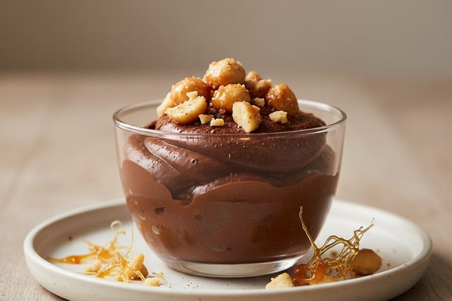 Mousse de chocolate com macadâmia caramelizada