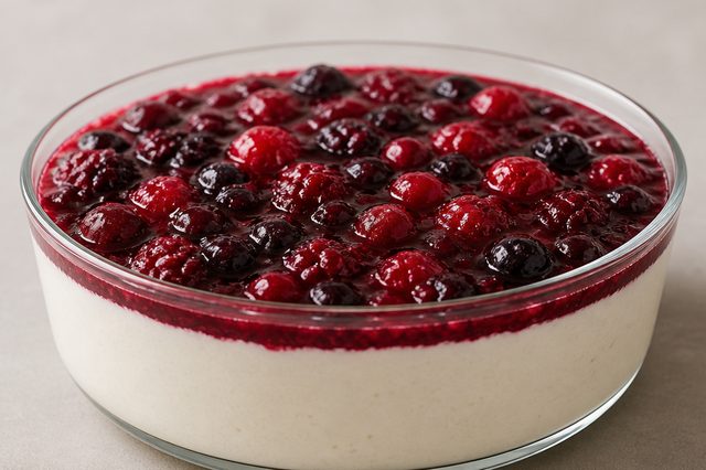 Mousse de leite em pó com creme fresco e geleia de frutas