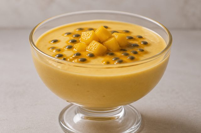 Mousse de maracujá com inhame e manga