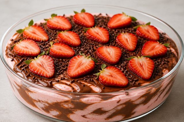Mousse de morango com suco em pó e ganache mesclada