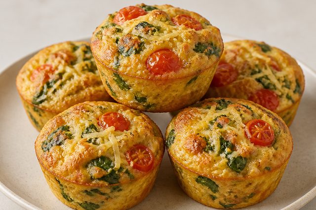 Muffins de queijo com espinafre e tomate-cereja