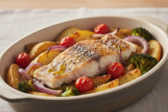 Namorado assado com batatas e brócolis