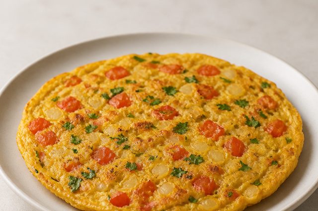 Omelete vegano de grão-de-bico com tomate e cebola
