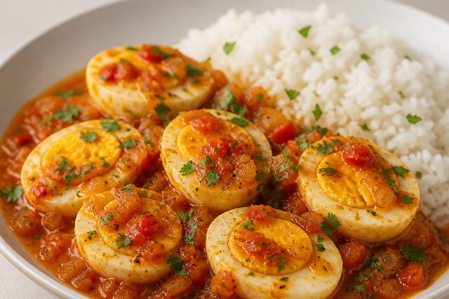 Ovos cozidos ao molho de tomate com pimenta-de-cheiro