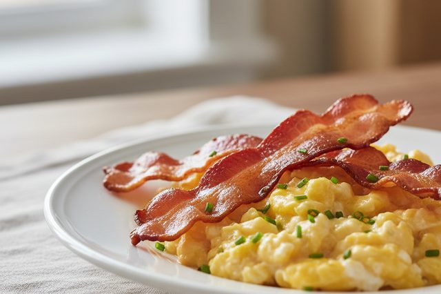 Ovos mexidos com bacon crocante