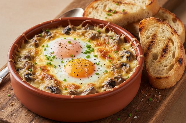 Panelinha de cogumelos com ovo e queijo gratinado