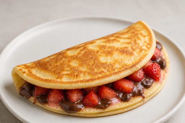 Panqueca americana recheada com morangos e chocolate